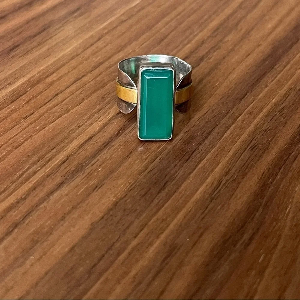 Vintage Art Deco Green Onyx Sterling Silver Ring with Gold Accents, wide band